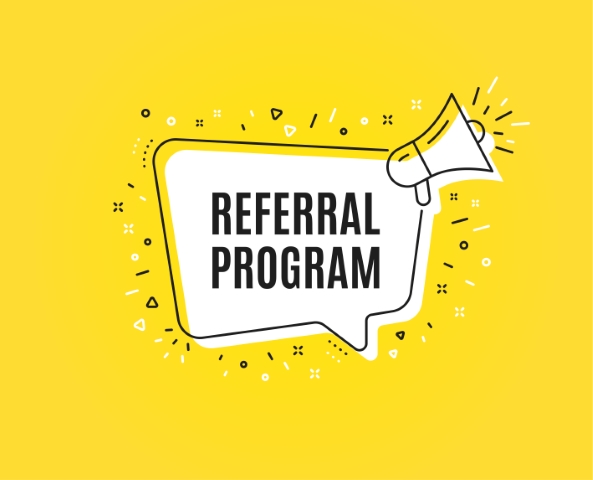 Referral program symbol. Megaphone banner. Refer a friend sign. Advertising reference. Loudspeaker with speech bubble. Referral program sign. Marketing and advertising tag. Vector